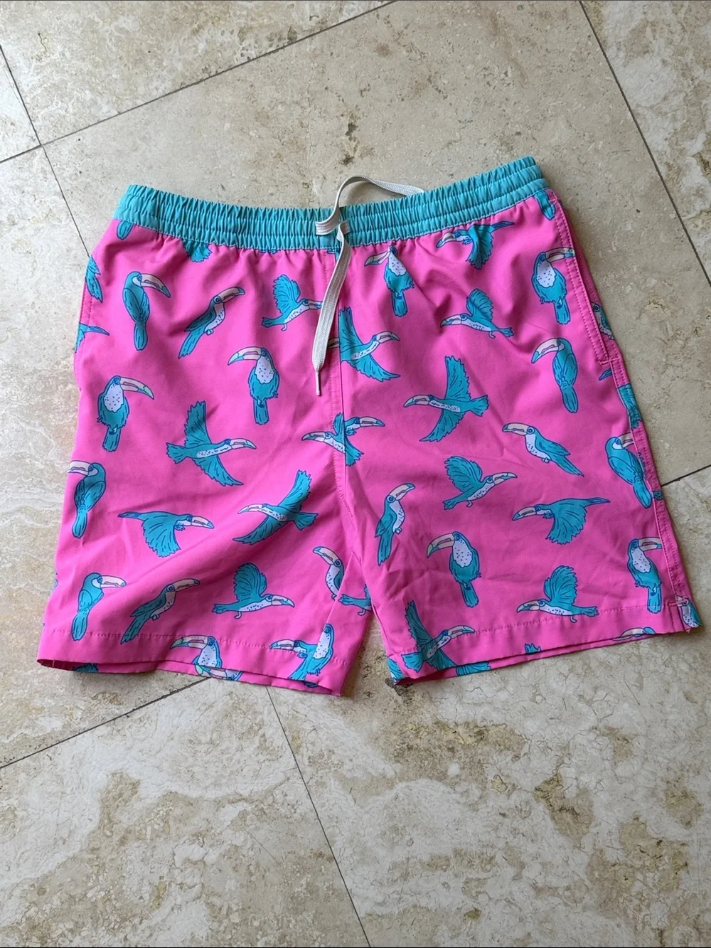 chubbies Pink Swim Trunks with Teal Toucan Print